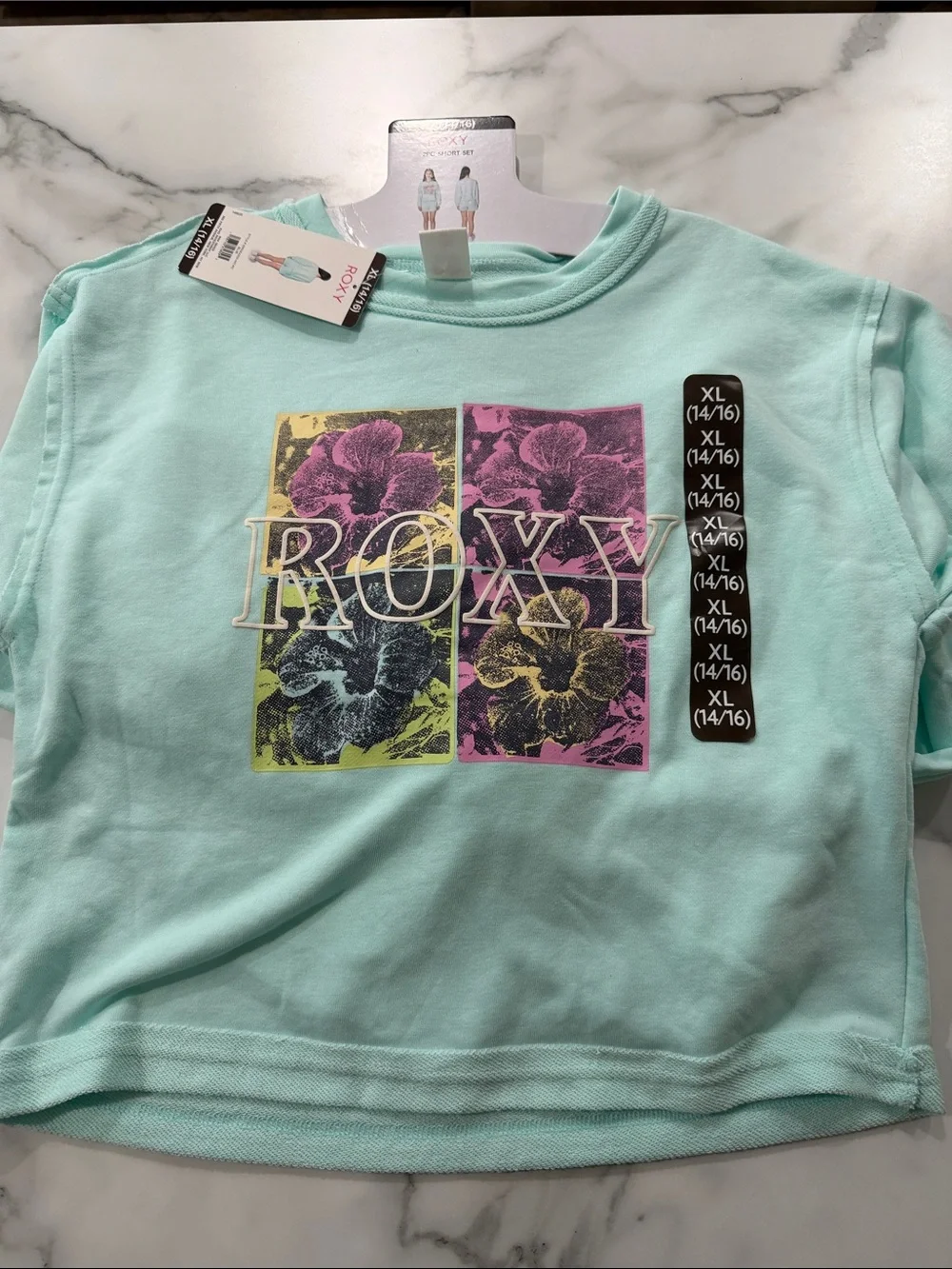 Roxy Girls Light Teal Floral 2pc set sweatshirt shorts